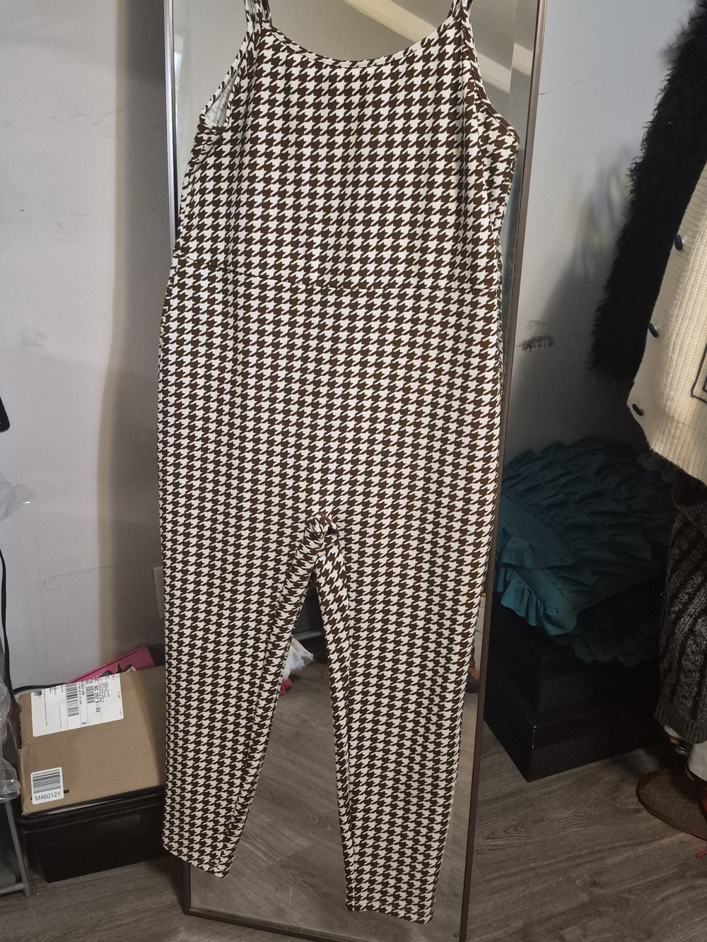 SHEIN Brown and White Houndstooth Slim Jumpsuit